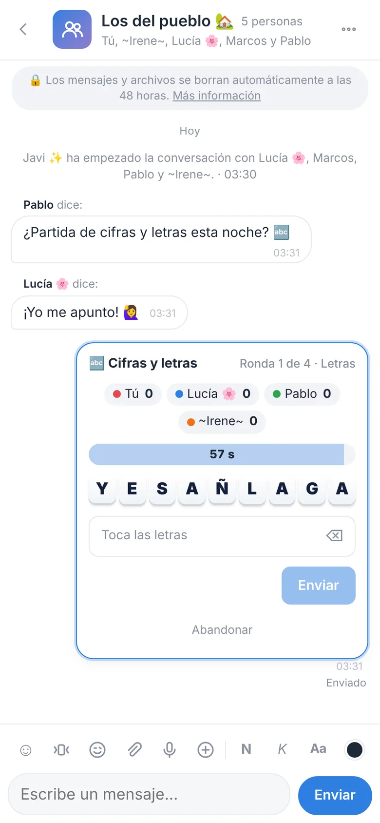 Partida de cifras y letras en un grupo