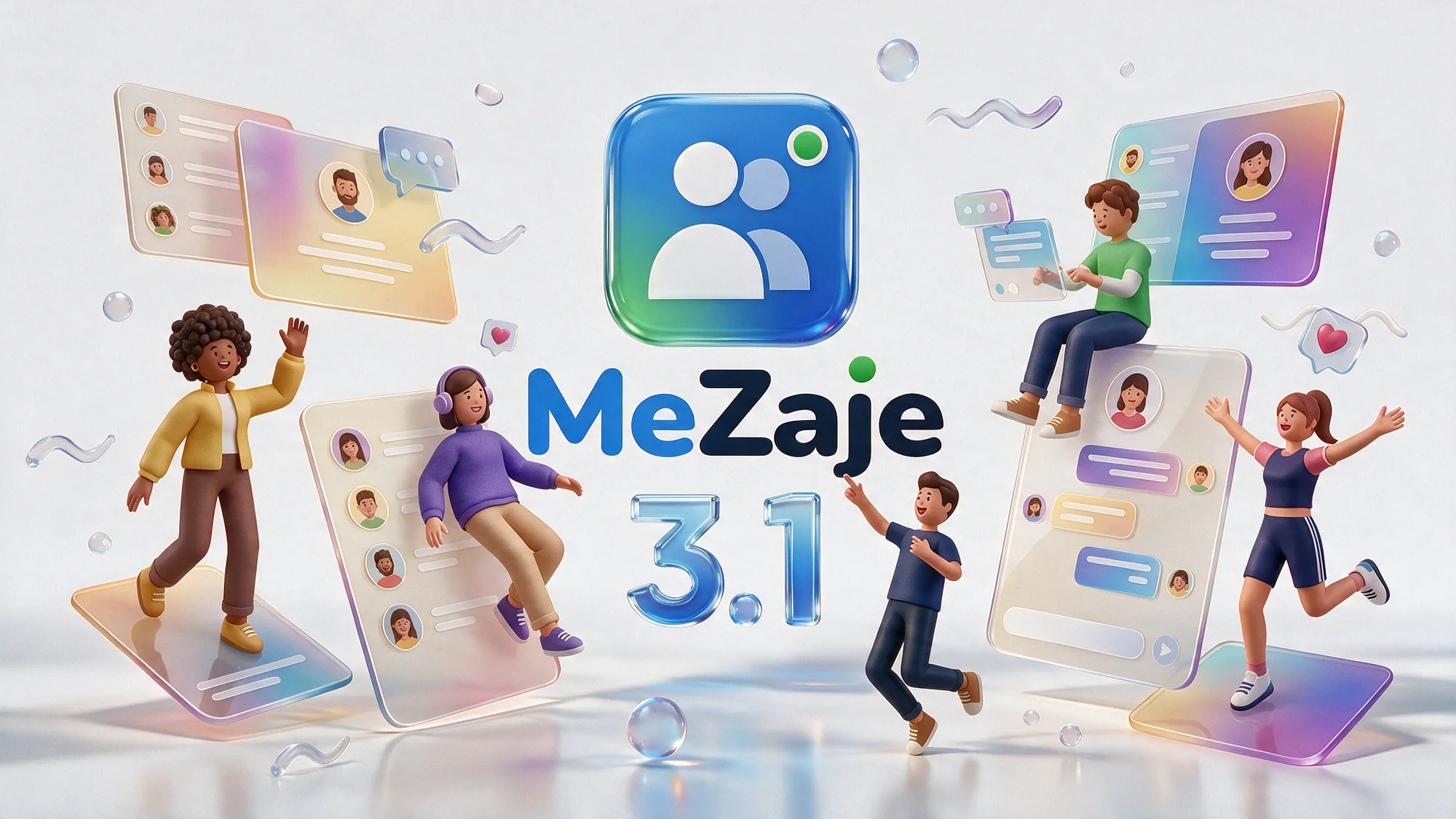 MeZaje: un grupo de amigos charlando alrededor del icono de la app